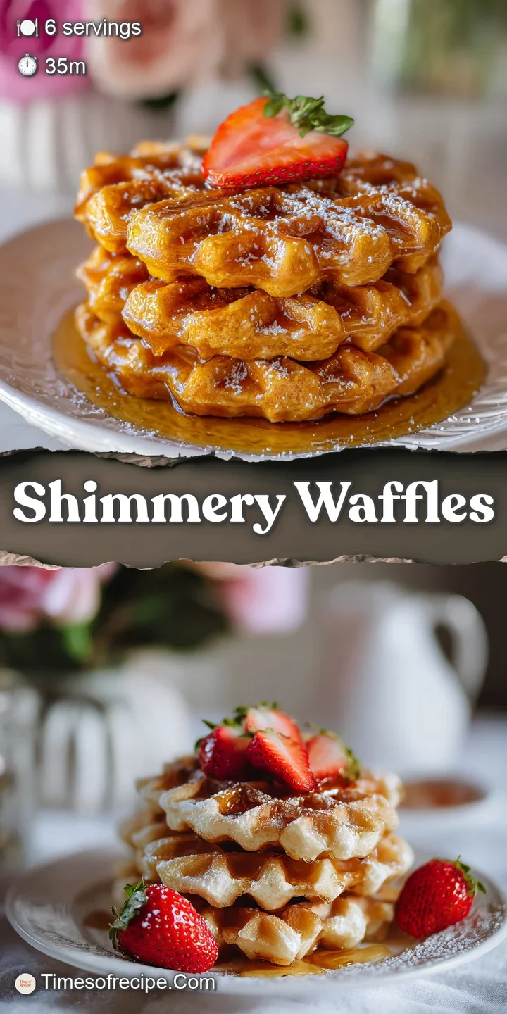 Close-up of golden waffles dripping with syrup, vibrant raspberries, and edible gold glitter, creating a festive, appetizi...