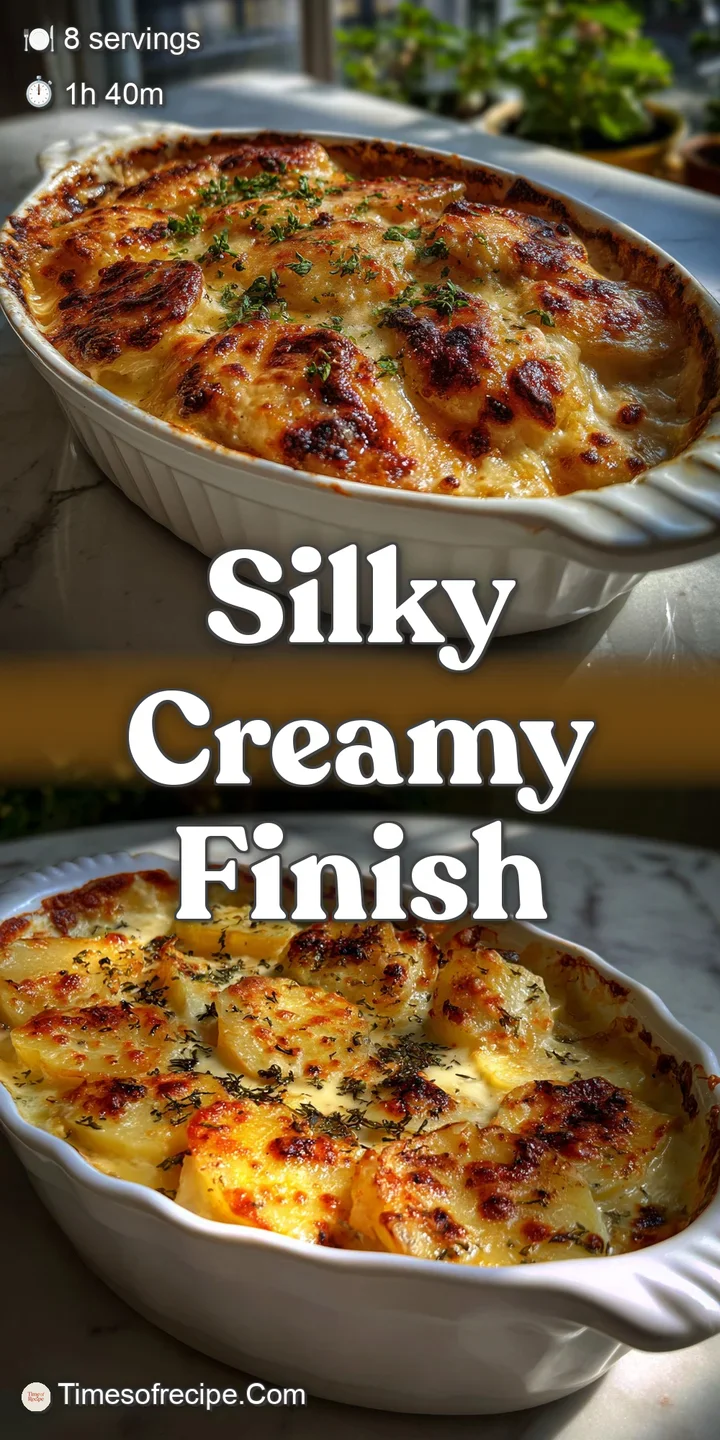 Close-up of a creamy, cheesy potato gratin with a bubbly, browned top and fragrant garlic, showing inviting textures.