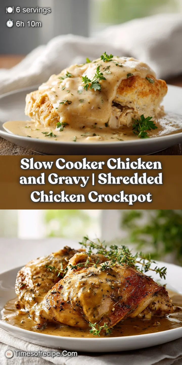 Rich, light brown gravy coats tender shredded chicken. Close shot shows texture of the meat and steam rising from the bowl.