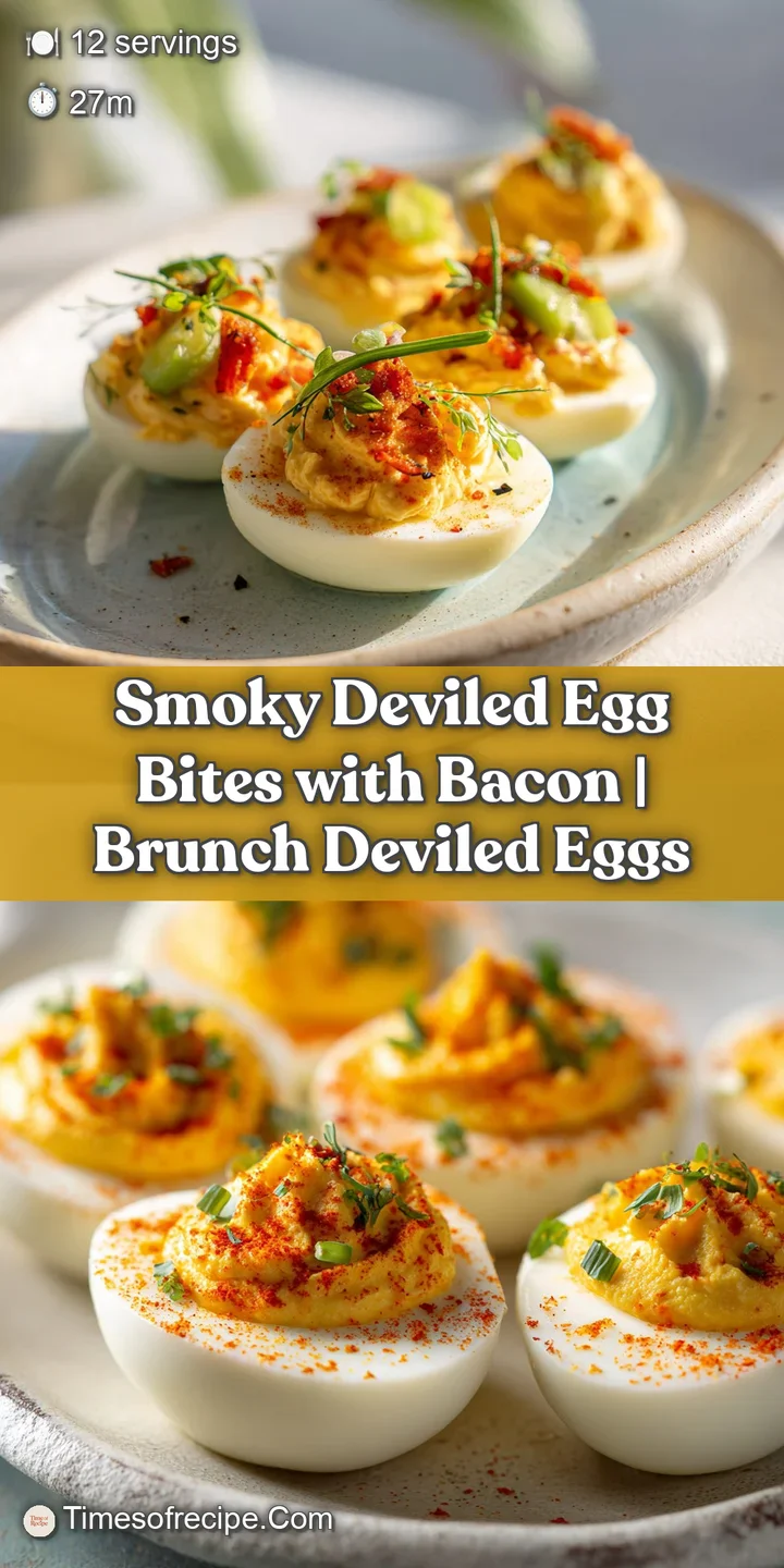 Close-up reveals a creamy, rich deviled egg bite topped with salty, crunchy bacon. Soft yellows and pinks create a mouthwa...