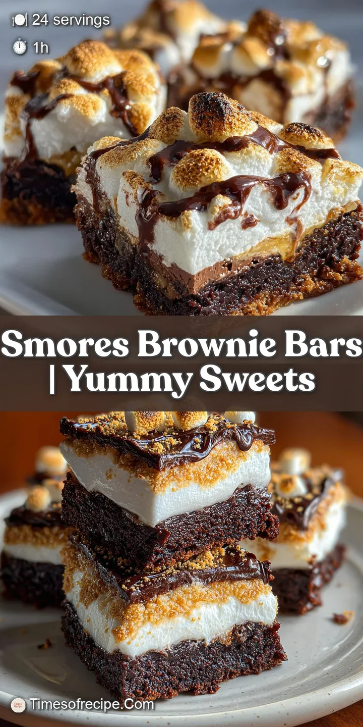 Close-up of a gooey smore's brownie bar with melted chocolate and toasted marshmallow peaks.