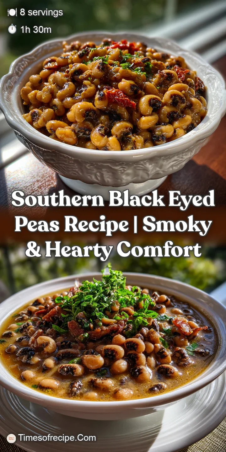Close-up of bubbling, smoky pot likker, showcasing tender black-eyed peas. The rich, dark broth glistens with flavorful oil.