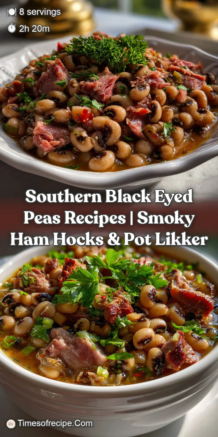 Close-up view of steaming black-eyed peas, smoky ham hock visible, with a rich, dark broth, hinting at a warm, comforting ...