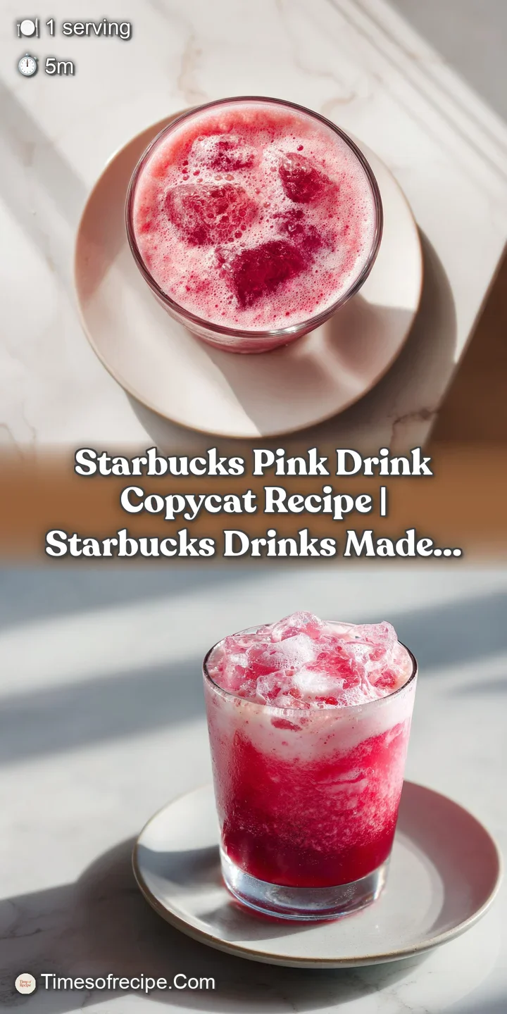 Close-up of bright pink strawberry hibiscus tea with creamy coconut milk, ice cubes, and visible fruit.