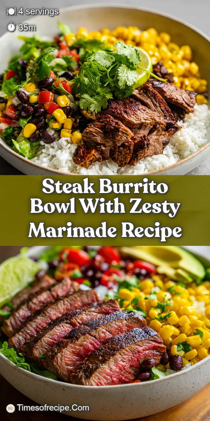 Close-up of a steak burrito bowl highlighting tender steak, glistening lime rice, and fresh cilantro. Inviting and burstin...