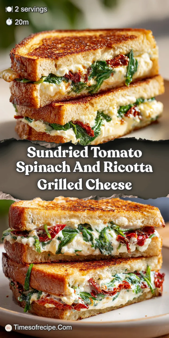 Close-up of a grilled cheese, showing the melted ricotta and sun-dried tomato filling oozing out between the golden, crisp...