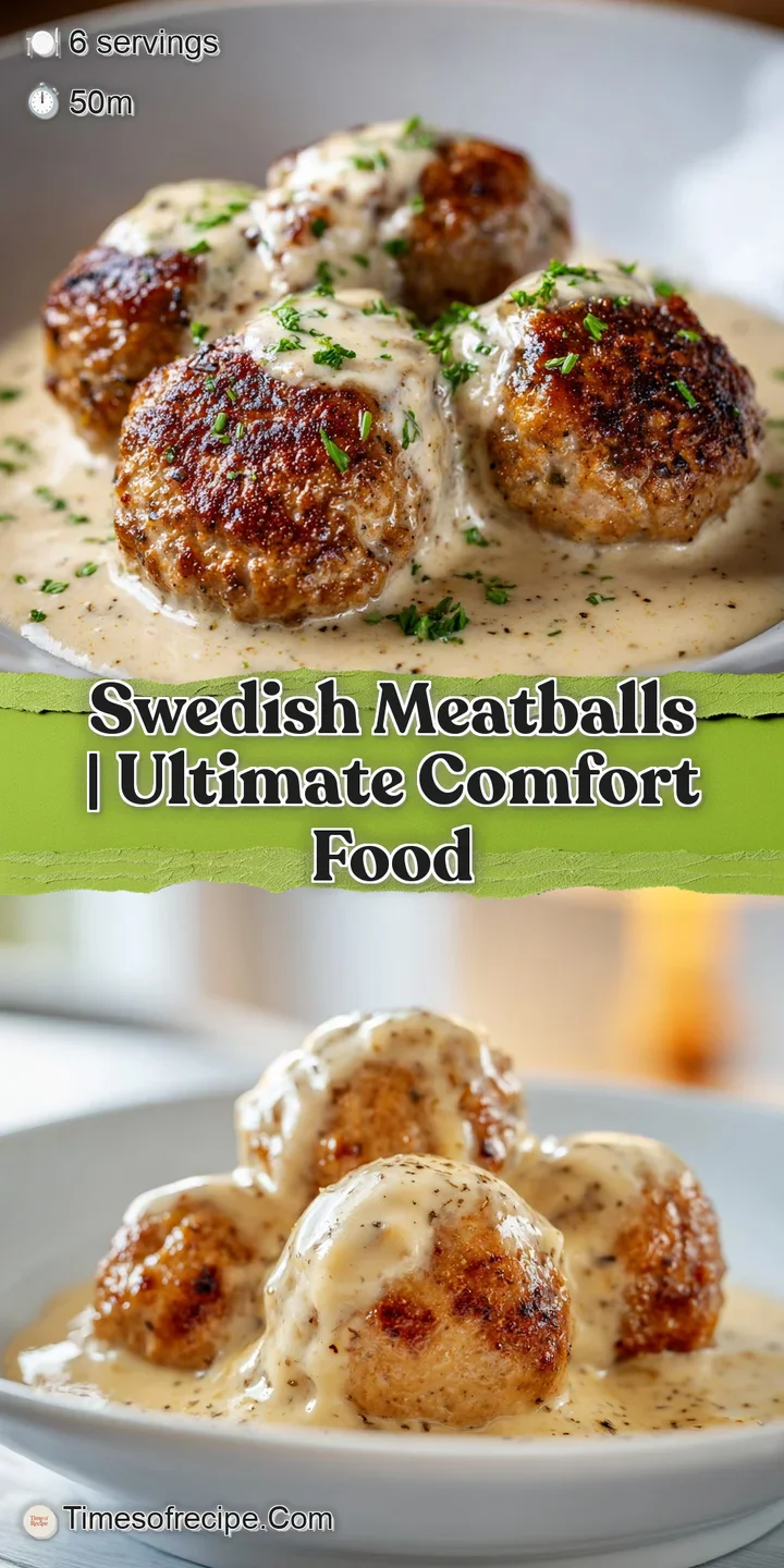 Close-up of glossy, cream-colored gravy coating a juicy browned meatball with steam rising from the warm dish.