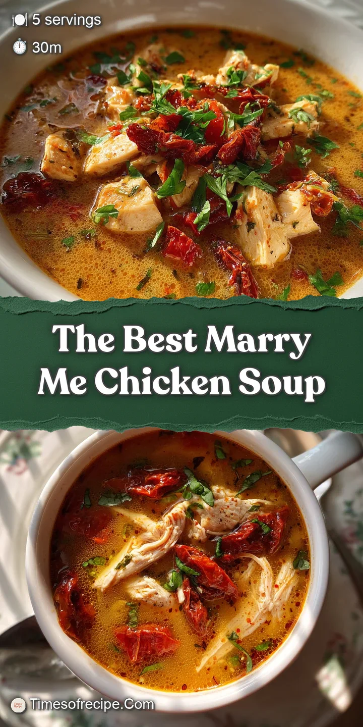 Close-up of vibrant marry me chicken soup, showcasing juicy chicken, sun-dried tomatoes, and spinach in a creamy, inviting...