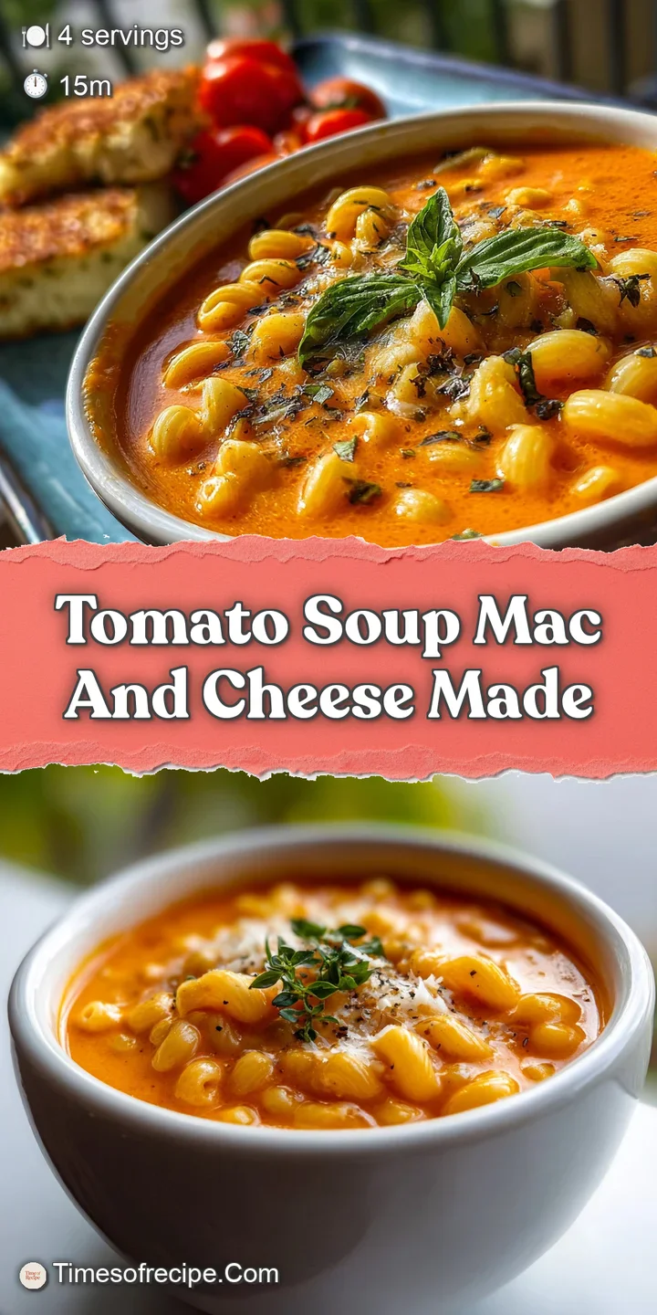 Close-up of tomato soup mac & cheese: a rich, orange swirl. Cheesy strands pull away from a fork, promising warm, comforti...