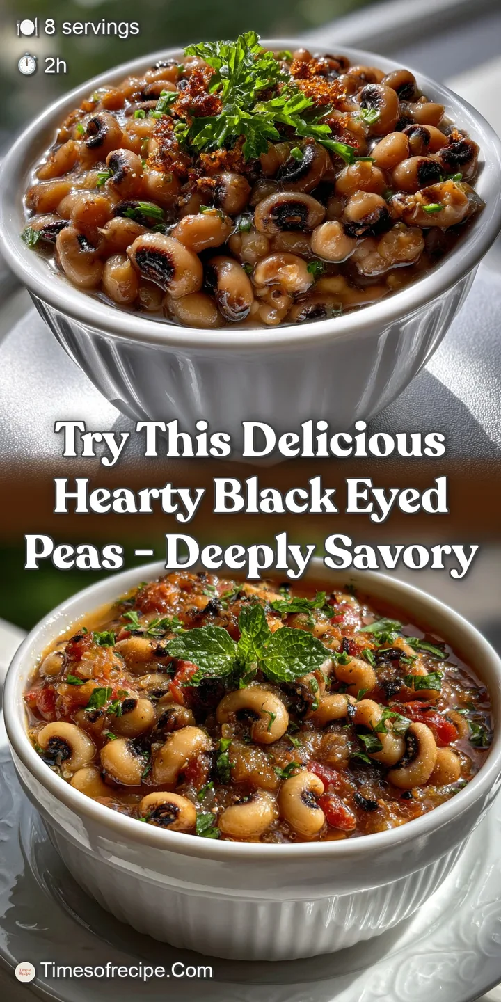 Close-up of tender black-eyed peas with visible spices and bits of vegetables. Steam rises, promising warmth and savory fl...