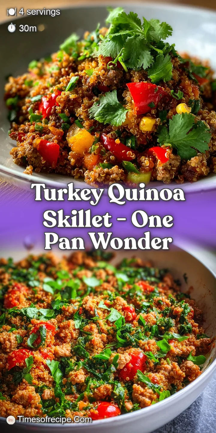 Close-up shot of the savory turkey and quinoa skillet, revealing the moist texture and vibrant mix of vegetables and herbs.