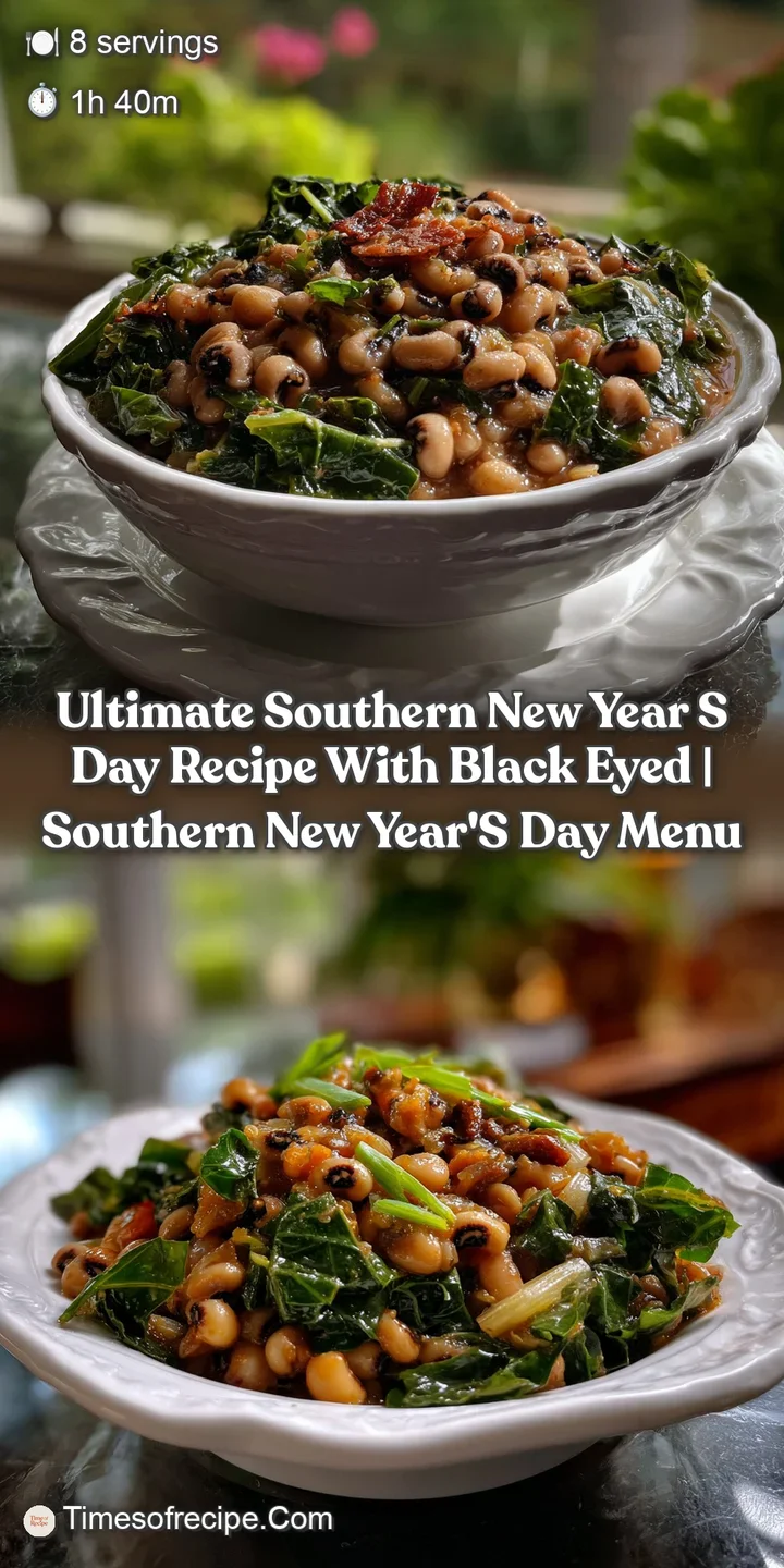 Close-up of a steaming bowl of creamy black-eyed peas, tender collard greens, and crumbled cornbread. A comforting, flavor...
