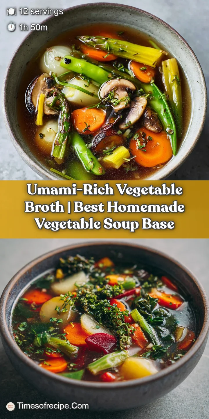 Close-up of a rich, amber-hued vegetable broth, showing tender chunks of root vegetables and aromatic herbs.