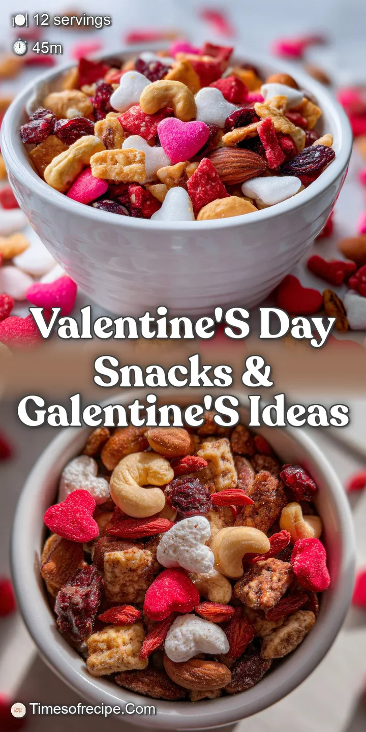 A close-up of a Valentine's Day trail mix, showing white chocolate pieces, pretzels, and vibrant red and pink candy hearts.