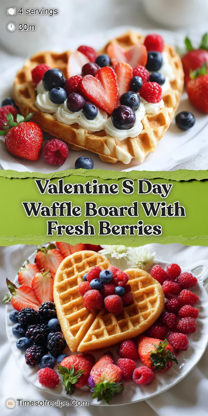 Close-up of a golden-brown waffle, showcasing its nubbly texture, topped with glistening red berries and a swirl of whippe...