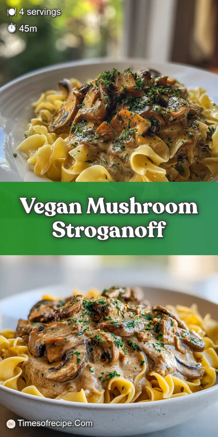 Close-up of glistening mushroom stroganoff; the creamy sauce coats the noodles, highlighting the earthy textures and savor...