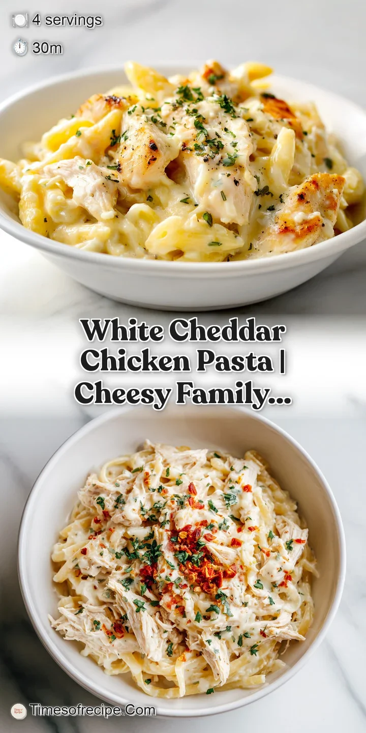 Close-up of al dente pasta strands coated in luscious white cheddar sauce, showing tender chicken pieces.