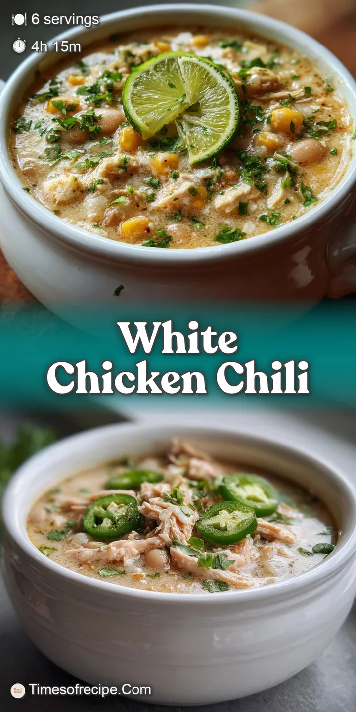 Close-up of creamy white chicken chili, showcasing tender chicken, beans, and vibrant green chiles. Delicious and inviting.
