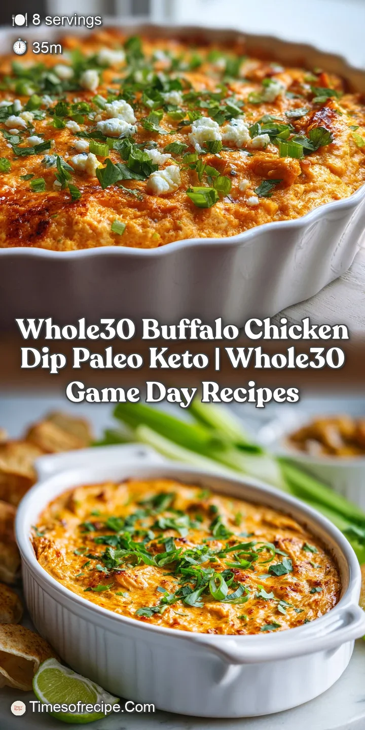 Close-up of creamy, tangy buffalo chicken dip with visible shredded chicken, speckled with vibrant spices and a swirl of h...