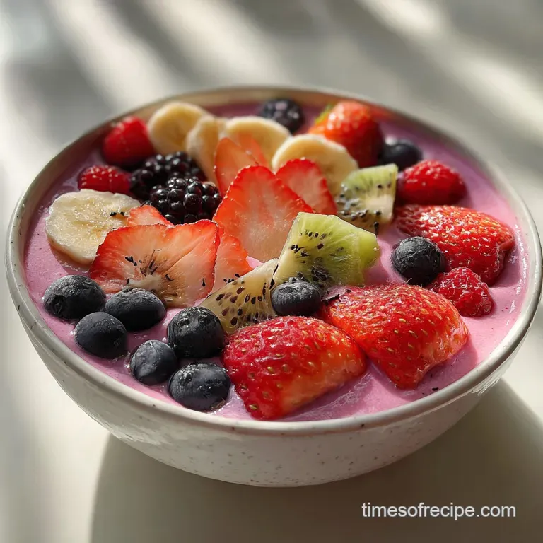Smoothie bowl artfully arranged with sliced kiwi, juicy berries, and chia seeds against a bright, summery background.