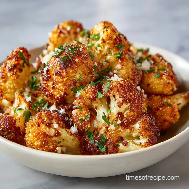Crisp, golden-brown air fryer cauliflower served in a white bowl, sprinkled with herbs, vibrant and visually appealing.