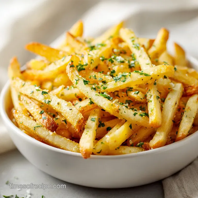 A rustic wooden board overflowing with perfectly golden, seasoned fries, artfully arranged.