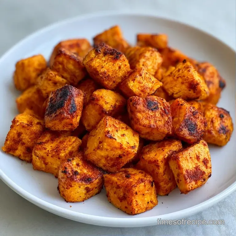 Vibrant orange potato cubes piled high on a slate platter with a side of creamy dip and fresh parsley garnish.