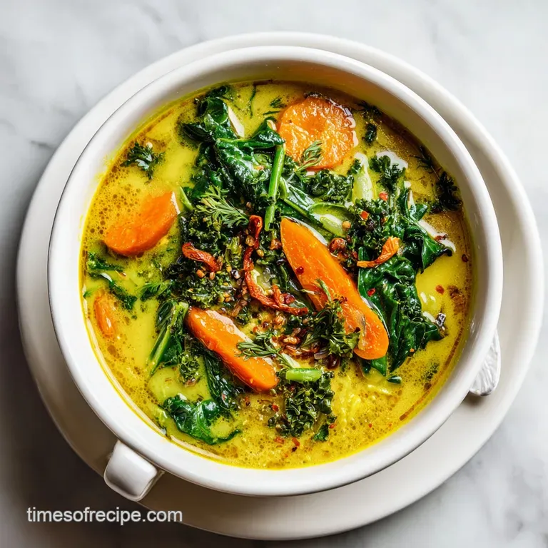 A rustic earthenware bowl filled with golden soup, topped with a sprinkle of finely chopped chives and a swirl of cream.