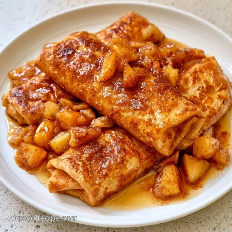 A slice of cinnamon-dusted tortilla roll on a white plate with a glossy caramel drizzle and a fresh mint leaf.