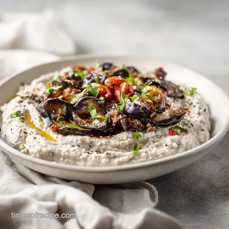 Artfully arranged baba ganoush with warm pita bread, crisp vegetable crudit&eacute;s, and a lemon wedge.