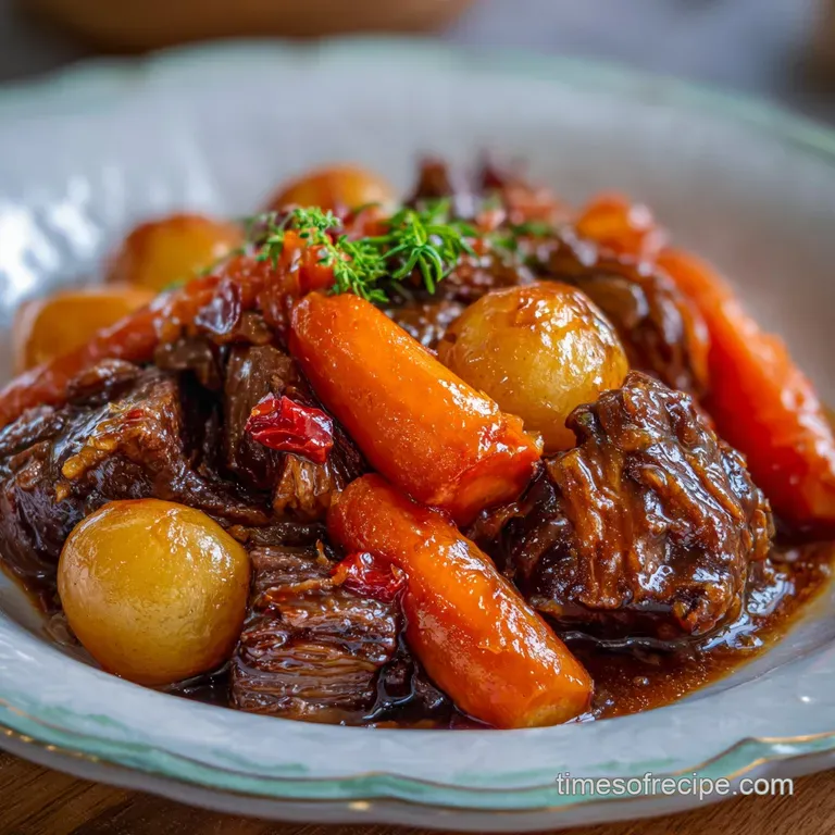 A rustic bowl of steaming beef stew with chunks of potato and orange carrots, served with a side of crusty bread.