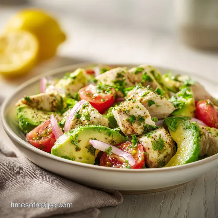 A scoop of pale green avocado chicken salad on crisp lettuce, flecks of herbs visible, inviting and fresh on a white plate.