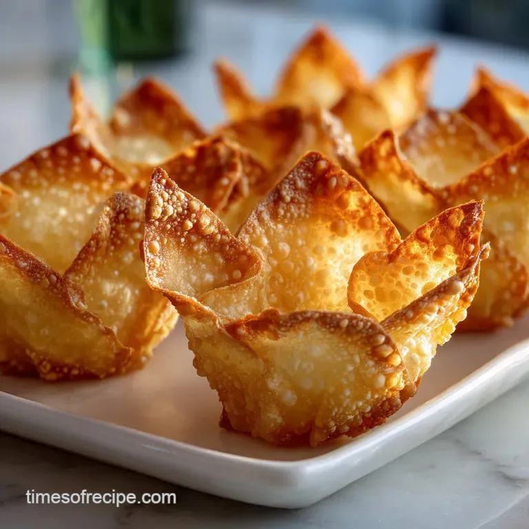 Crisp crab rangoon cup plated elegantly on white dish, filled generously. Green onion garnish adds a fresh pop of color.