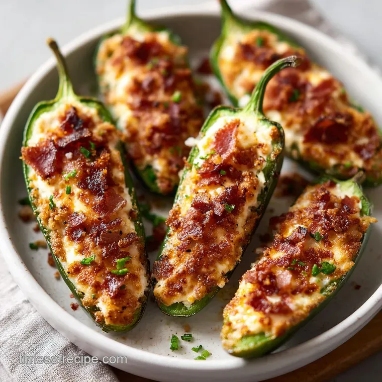 Jalape&ntilde;o poppers artfully arranged on a white plate, the creamy filling peeking out from the bright green peppers.