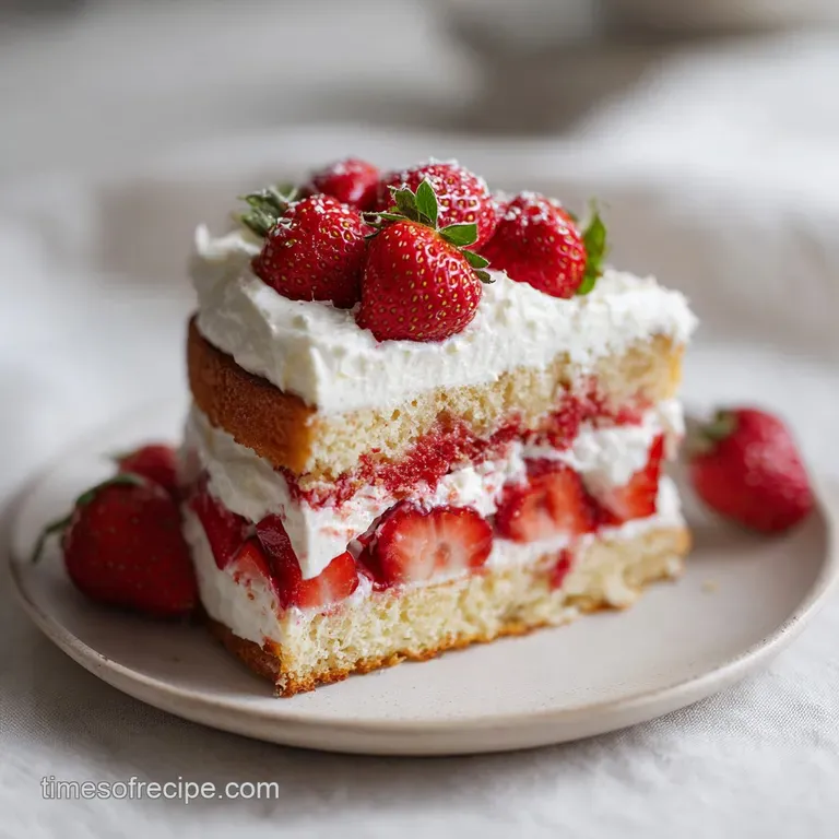 A generous slice of strawberry shortcake cake, showcasing tender crumb and dollops of cream on a white plate.