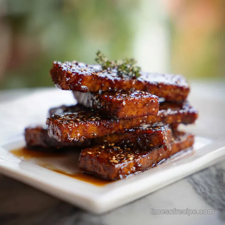 Slices of tempeh glazed a deep brown, artfully arranged on a plate. Drizzled balsamic and herbs add a fresh counterpoint.