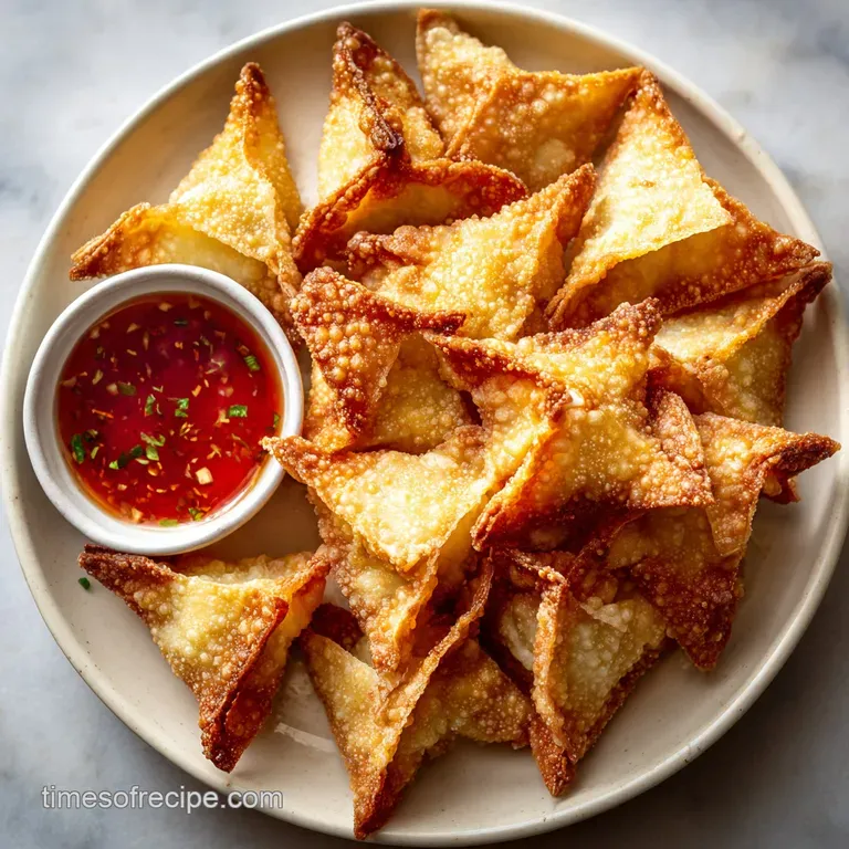 Three artfully arranged Crab Rangoon, showcasing their crispy shells and creamy filling, garnished with scallions on a sle...