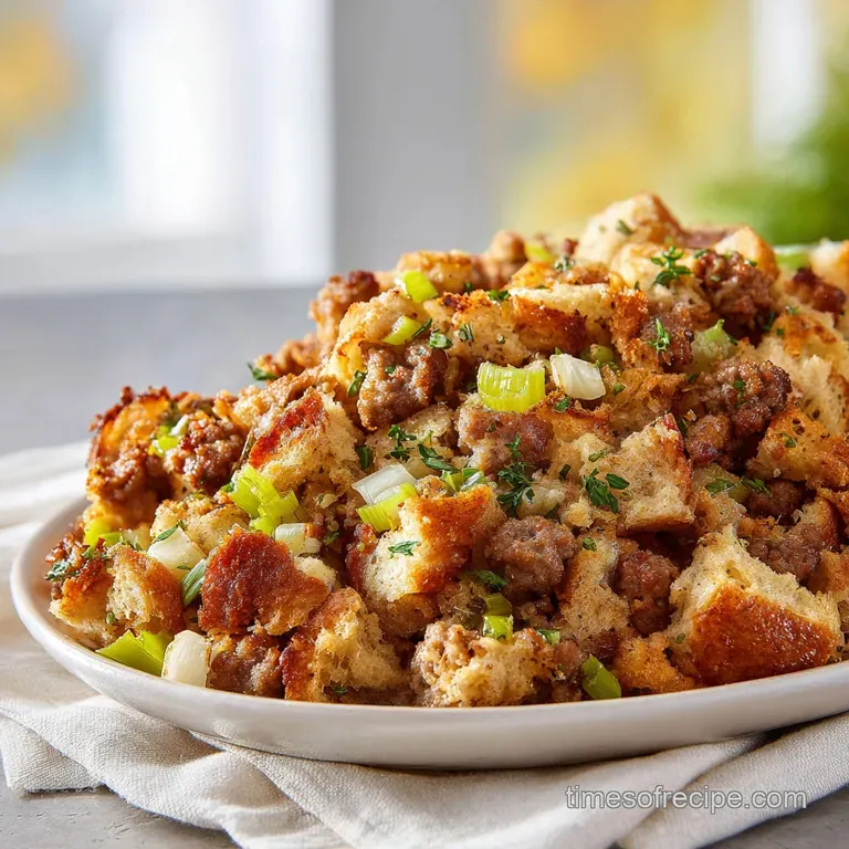 A perfectly rounded scoop of savory stuffing on a white ceramic plate accented by a fresh sprig of green sage.