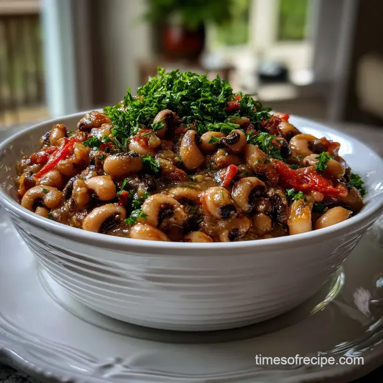 Elegant white bowl filled with glossy black-eyed peas and broth. Garnished with bright green herbs, offering a vibrant con...