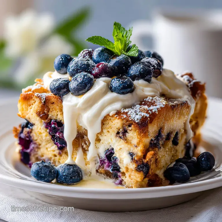Warm, golden French toast casserole slice on a plate. Topped with powdered sugar & plump blueberries, ready to eat, with s...