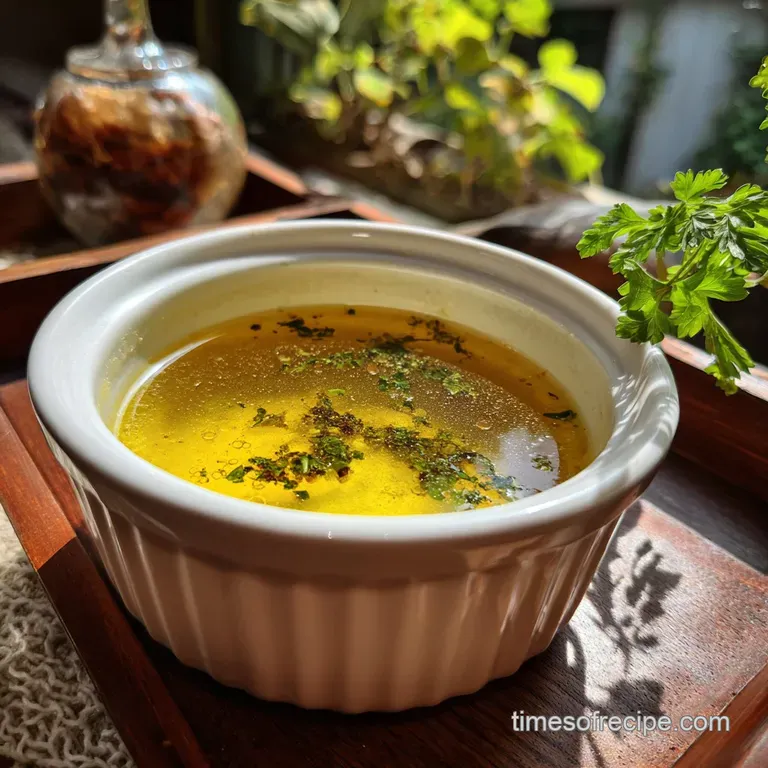Steaming bowl of golden bone broth with vibrant green herbs floating on top. A comforting and nourishing presentation.