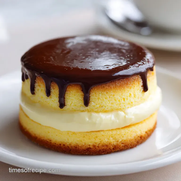 Slice of Boston cream cheesecake showing layers of rich chocolate, creamy filling, and golden crust. Garnished with chocol...