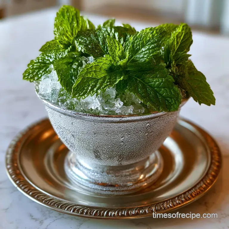 Icy cocktail in a chilled metal cup on a wooden table with a scattering of fresh mint leaves and a silver straw.