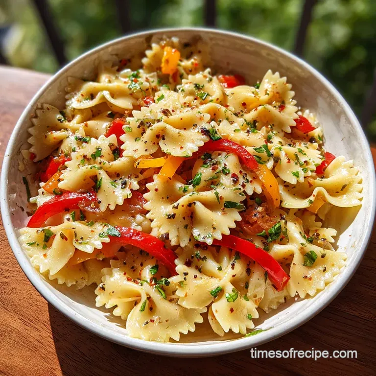 Close-up of a serving of bow tie pasta salad overflowing on a plate, showcasing the bright vegetables and creamy sauce.