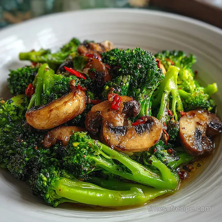 Steaming pile of stir-fried broccoli and mushrooms, artfully arranged on a white plate. Hints of garlic and ginger visible.