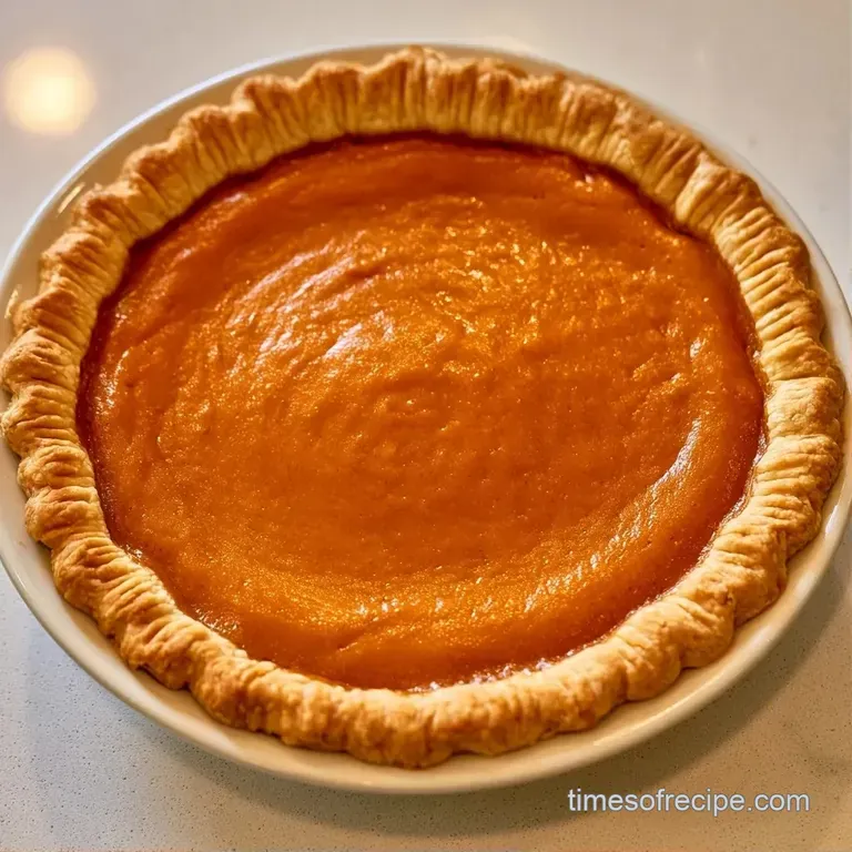 Elegant slice of deep orange custard pie on a white ceramic plate, topped with a swirl of white whipped cream.