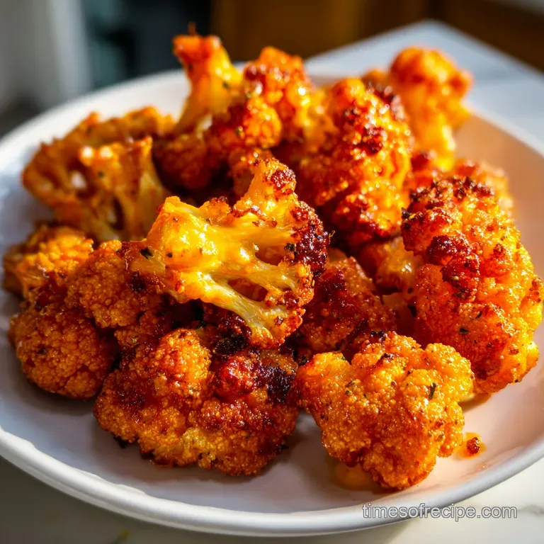 Buffalo cauliflower wings plated with creamy dip, garnished with fresh herbs. Celery and carrots add bright color.