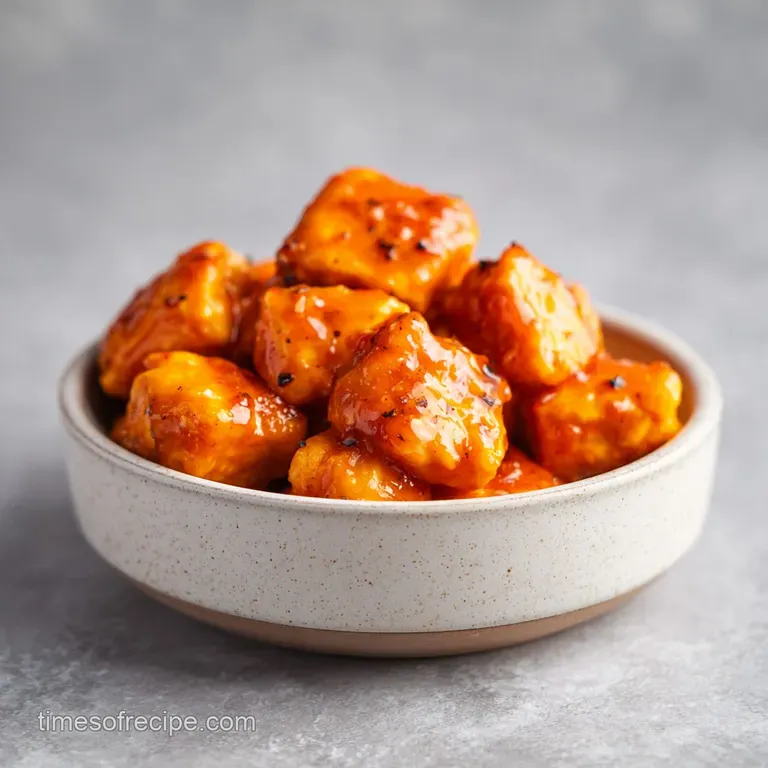 Vibrant orange glazed chicken pieces over a bed of steaming white rice, topped with fresh greens in a modern bowl.
