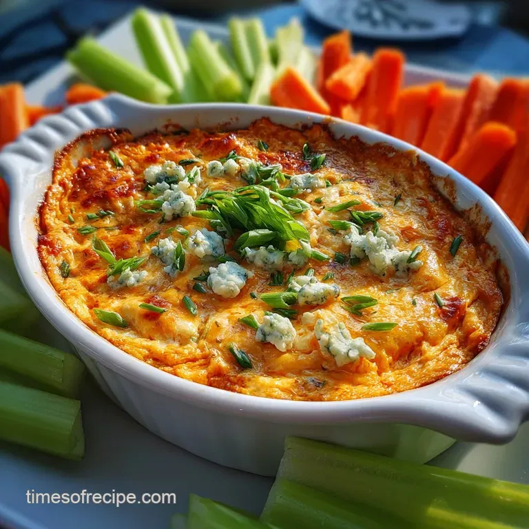 Scoops of fiery orange buffalo chicken dip on a white plate, next to celery sticks & blue cheese crumbles. Ready to serve!