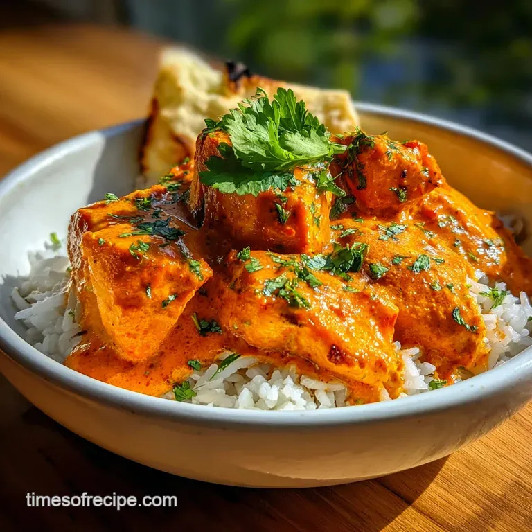Plated butter chicken with fluffy basmati rice, garnished with cilantro, glistening with a rich, creamy sauce. Warm spices...